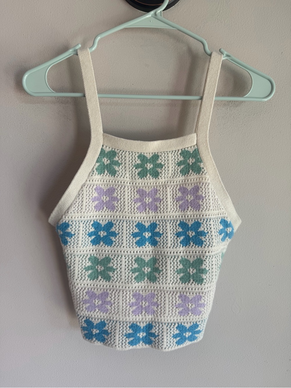 Hippie‎ Rose Womens Floral Crochet Knit Crop Tank Top Pastel Boho Cami Large